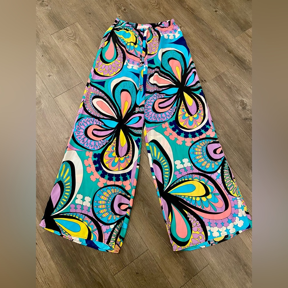 Alice & Trixie Turquoise 100% Silk Pink Yellow Purple Black Floral-Print Pants